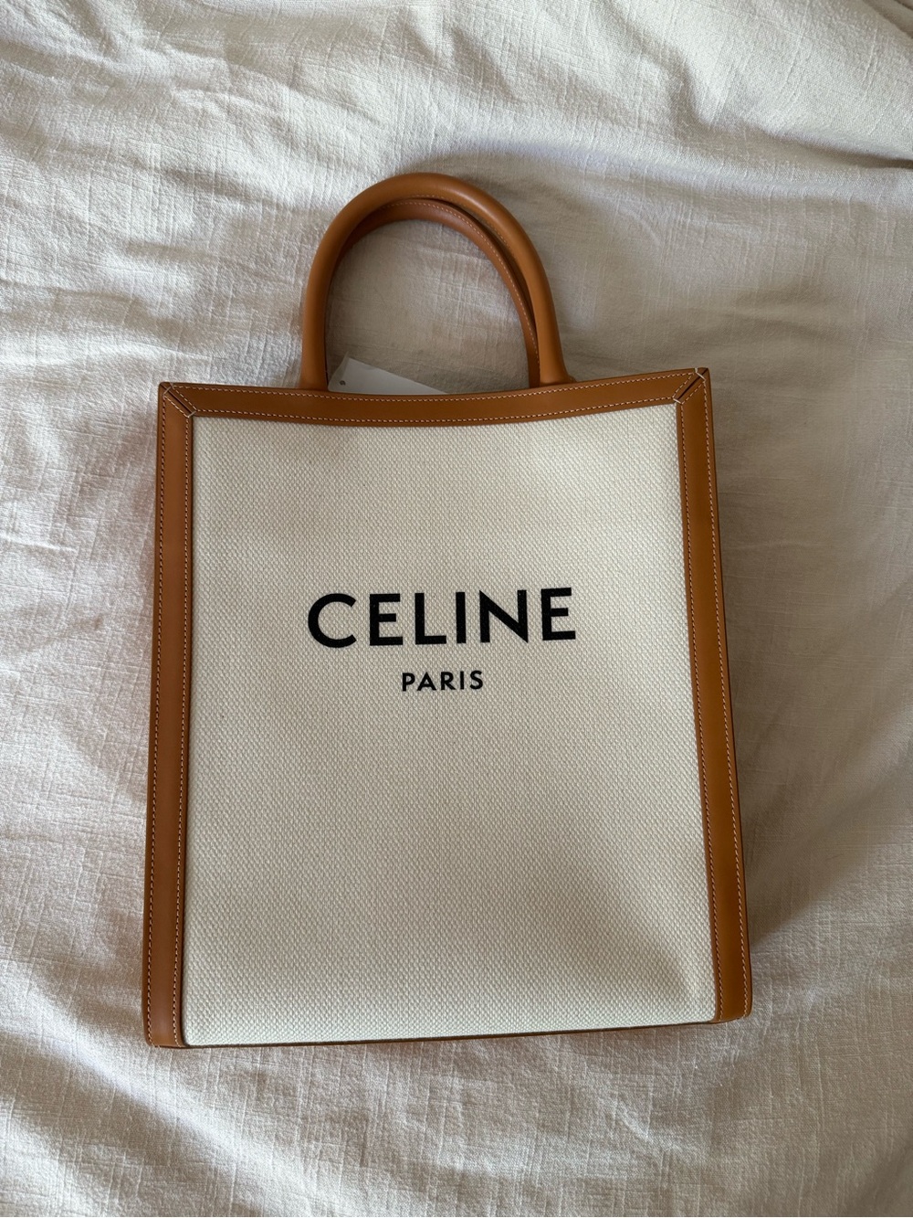 Celine Cream Canvas Tote with Tan Leather Trim
